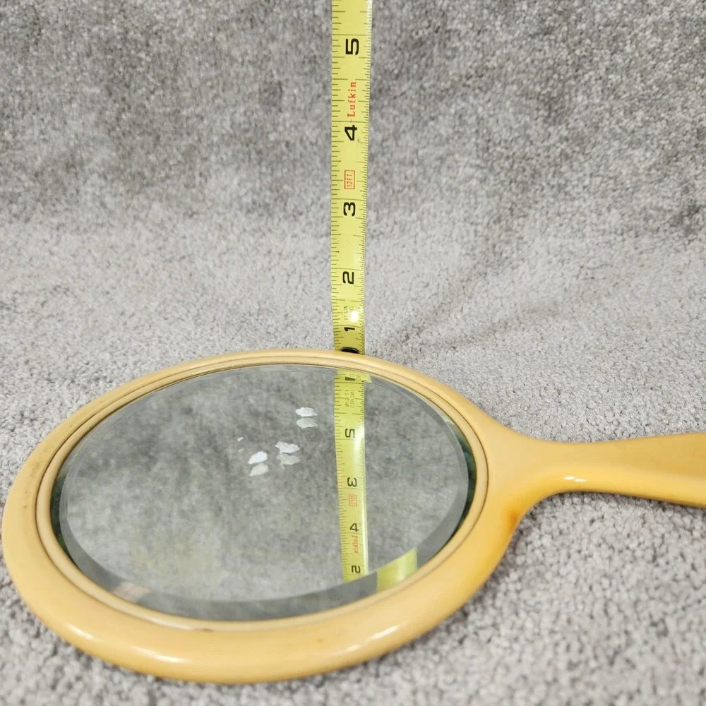 Vintage Celluloid Hand Mirror French Ivory Beveled Glass Art Deco Vanity Yellow